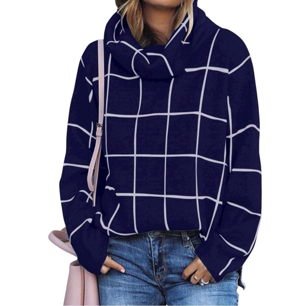 J. Crew Navy and White Grid Turtleneck Sweater